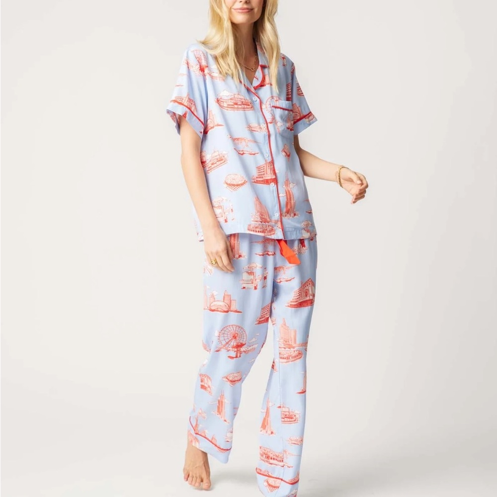 Katie Kime Chicago Toile Pajama Set Blue Red Print 3XL Luxury Sleepwear - Picture 3 of 10